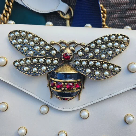 Gucci Bee Nappa Pearl Studded Mini Queen Margaret Broadway Shoulder Bag - Picture 1 of 16